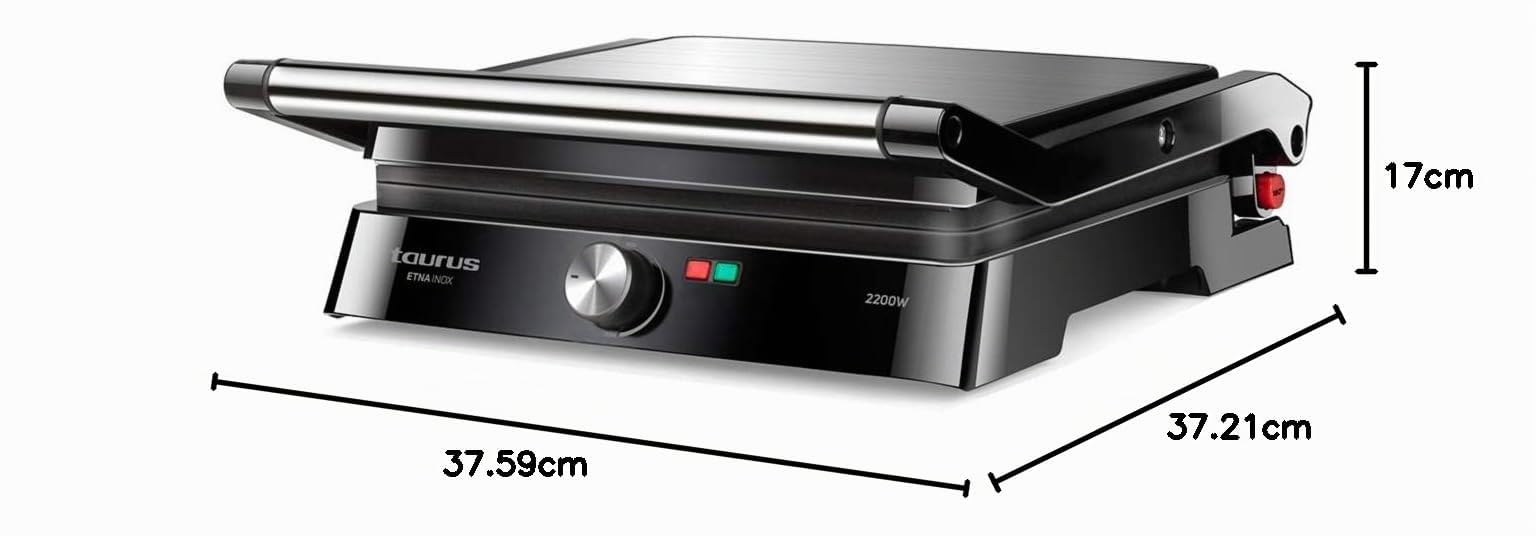 Taurus Etna Inox. Potenza 2200W, 2 in 1 Bistecchiera + Grill con apertura 180° e regolazione di temperatura. Piastre di grandi dimensioni 29x23 cm