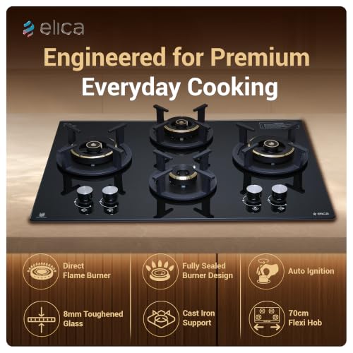Image of Elica 70cm 4 Burner Auto Ignition Hob | RG FLEXI DFS AB 4B 70 TX | 8 mm Toughened Glass, Direct Vertical Flame Brass Burners, Fully Sealed Burner Design, 2Yr Comprehensive Warranty