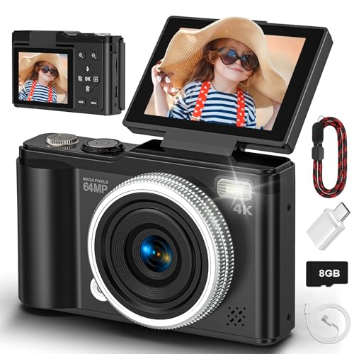 Digital camera 4K 64MP Compact Digital Camera with Autofocus and Macro Function 180 flip-up screen portable selfie cameras for photography and video with Micro SD Card for Beginners Teens