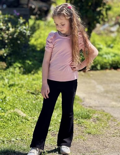 Image of Arshiner Girls Puff Short Sleeve Shirts Summer Ribbed Knit Crewneck T Shirt Tops Tee Blouse