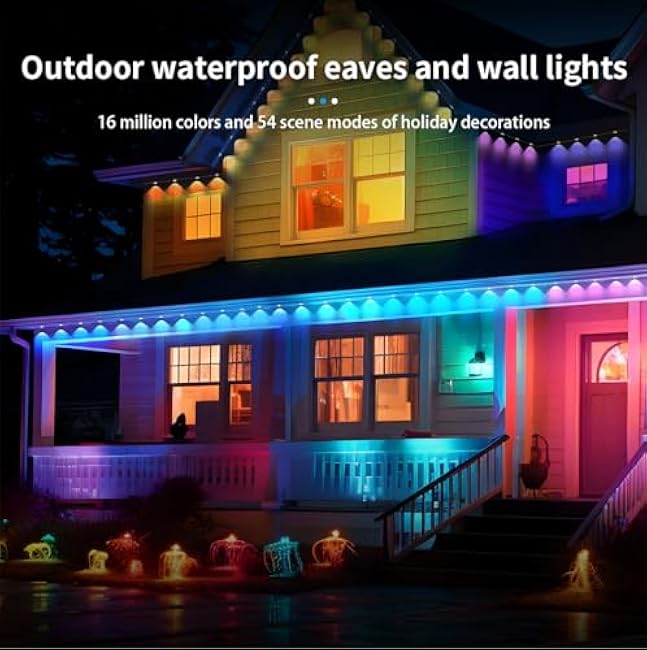 50ft Permanent Outdoor Lights for House, IP67 Waterproof RGB+IC LED Eaves Lights, 54 Scene Modes Outdoor Lighting for Christmas Garden Party Holiday Decorations, with App/Remote Control