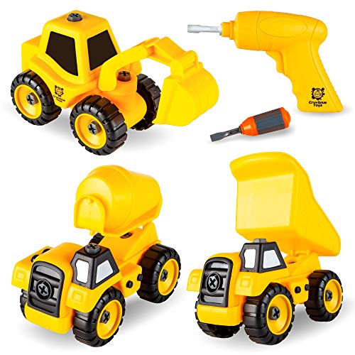 Trucks for 3 Year Old Boys, Set of 3 Take Apart Truck Toys with Drill, Build It Yourself Construction Vehicles for Kids - Dump Truck, Cement Truck, Excavator - Great Gift for Boys & Girls Ages 3+
