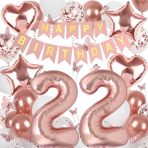 Image of Rose Gold 22th Birthday Decorations for Women, 22 Year Old Sign with Happy Birthday Banner, 40In Number 22 Foil Birthday Balloons, Butterfly Decorations, Heart and Star Balloons