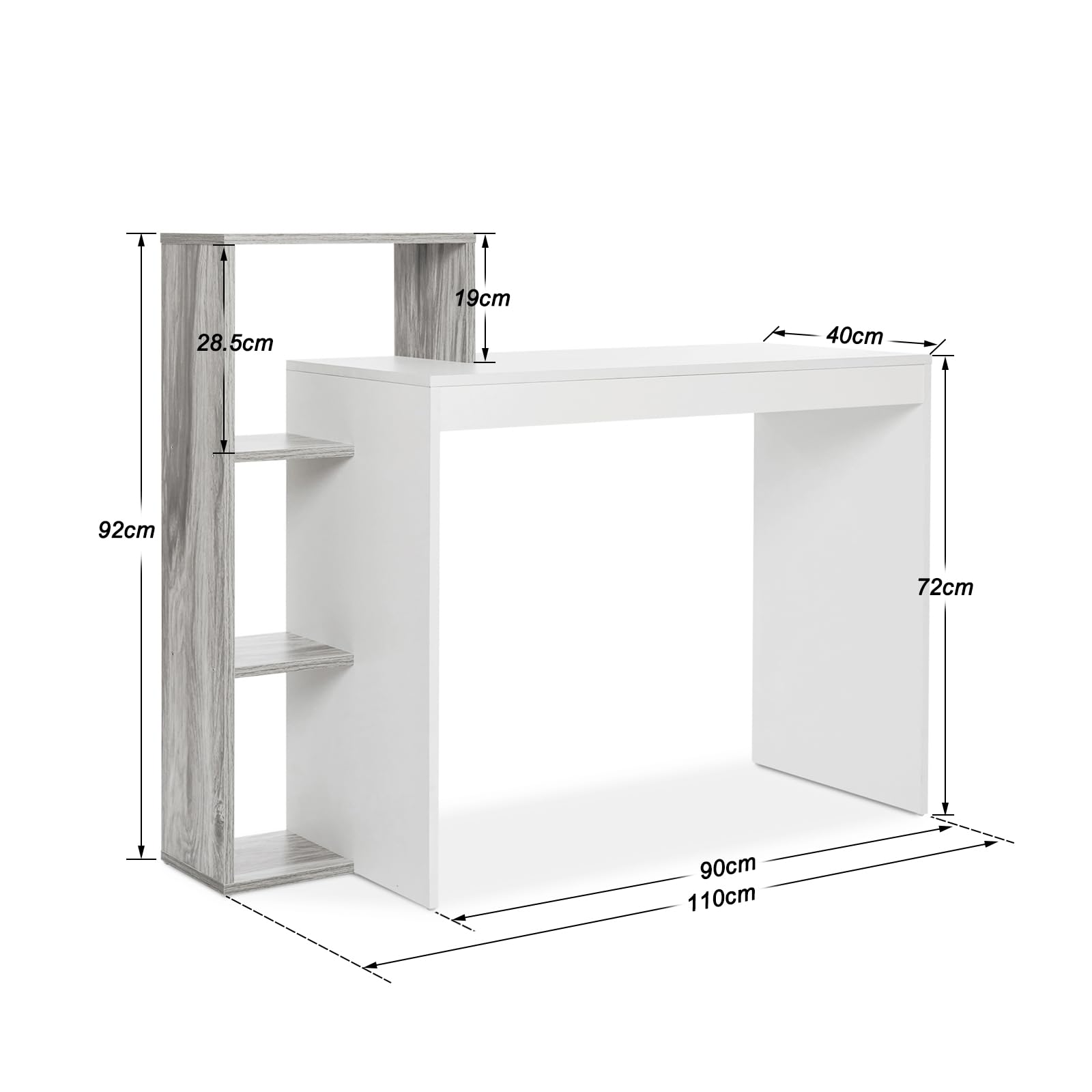 Mondeer Escritorio, Mesa de Ordenador con Estante de Almacenamiento de 3 Niveles, Ahorro de Espacio, para Oficina Estudio Estación de Trabajo, 110 x 40 x 92 cm, Blanco y Gris