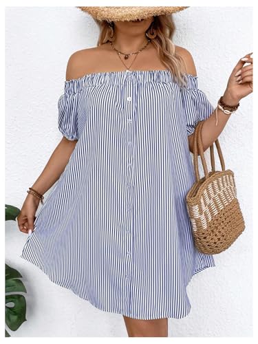 Image of Floerns Women's Plus Size Striped Off Shoulder Short Sleeve Button Tunic Dress