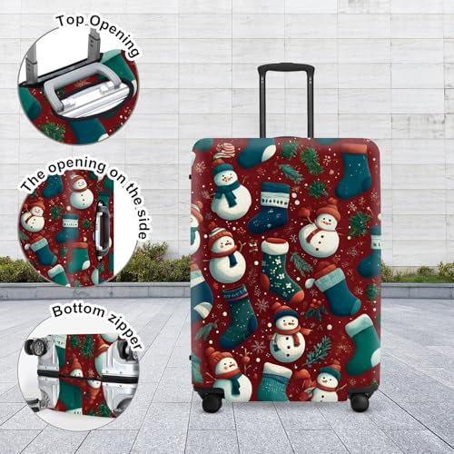 Image of Christmas Luggage Cover - Allover Green Socks and White Snowmen Pattern on Dark Background, Stretchable Suitcase Protector for 18 20 22 Inch Travel Bags