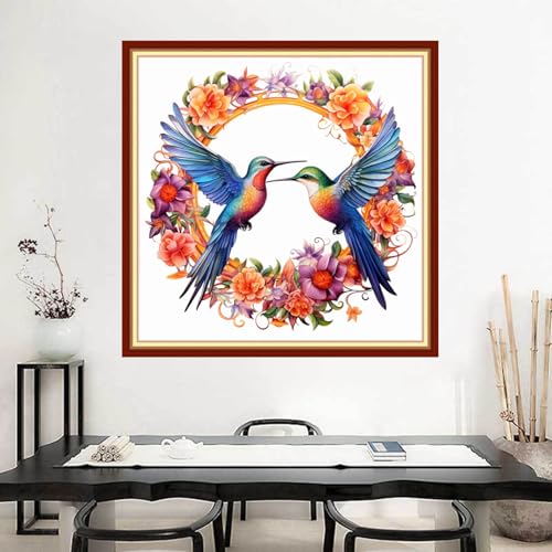 Image of Joyhoor Stamped Cross Stitch Kits for Beginners Needlepoint Kits for Adults Embroidery Kits 11CT Counted Cross Stitch Kits Printed Embroidery Pattern-Wreath Hummingbird 18x18 inchs