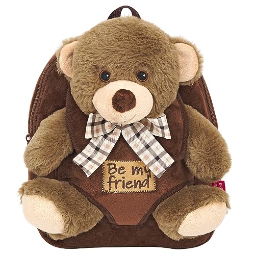 PERLETTI - Mochila Infantil Grande de Oso de Peluche - Bolso para Niños Niñas 3 4 5 Años con Muñeco Extraíble para Escuela Guarderia Viaje - Bolsa Escolar Suave - 21x27x9 cm (Oso Marrón con Moño)