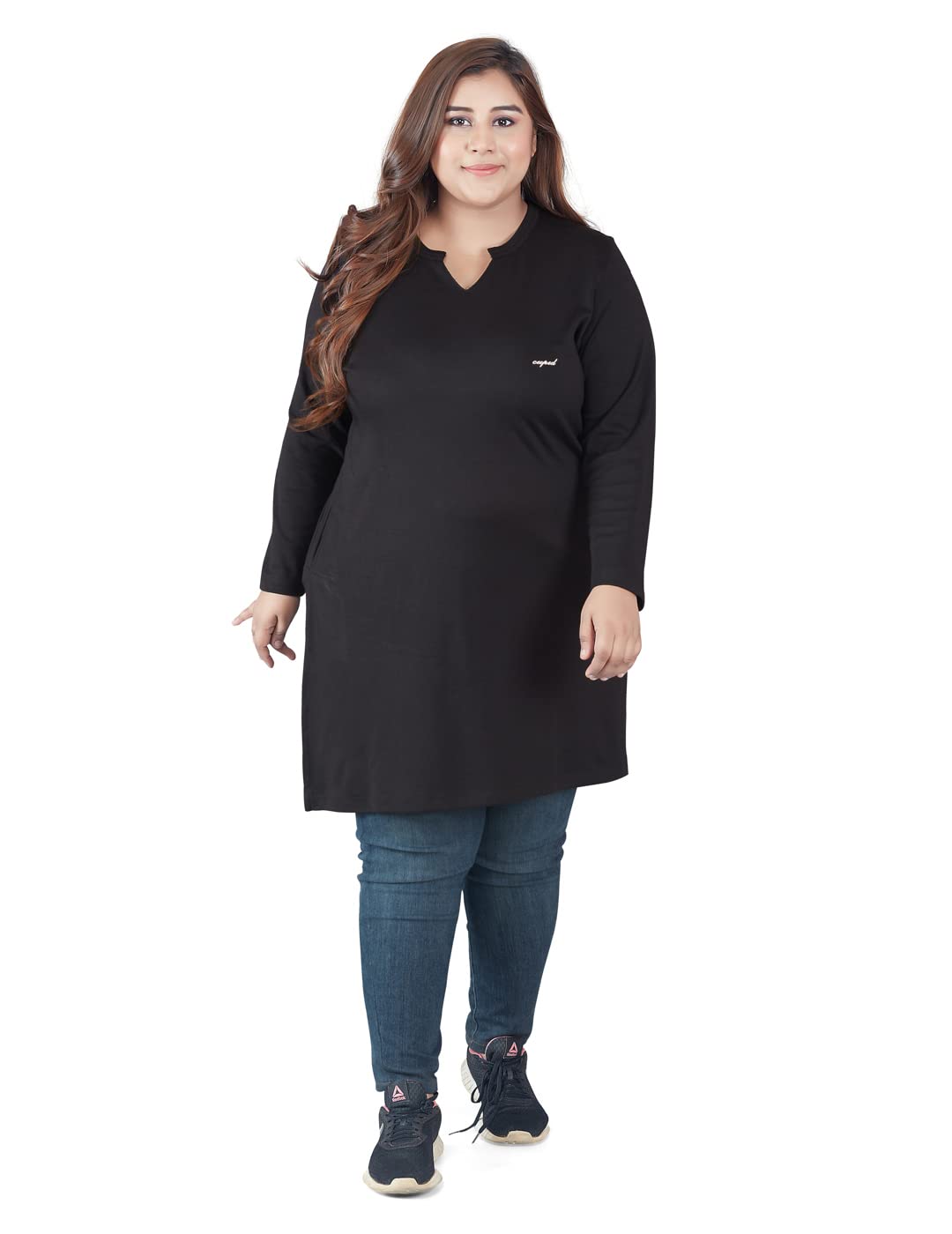 women's cotton plus size plain full sleeves long top for summer n semi summers with one side pocket for ladies solid t shirt