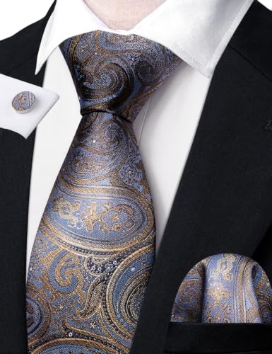 Image of Barry.Wang Men Ties Paisley Woven Silk Necktie Set with Pocket Suqare Cufflinks Formal