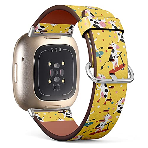 Compatible with Fitbit Fitbit Sense / Versa 3 Patterned Leather Replacement Band (Funny pattern with funky cows on skates and kick scooters)