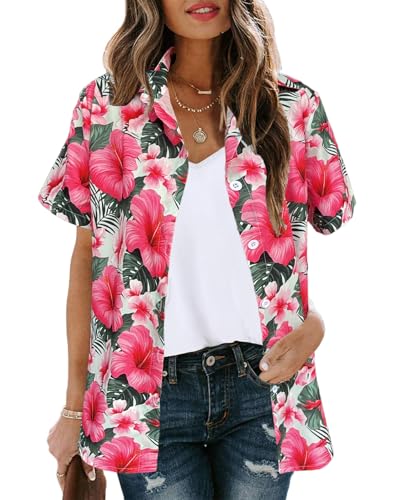 Women's Button Down Hawaiian Shirts Tropical V Neck Summer Beach Blouses Tops Floral Print Vintage Short Sleeve Tees2