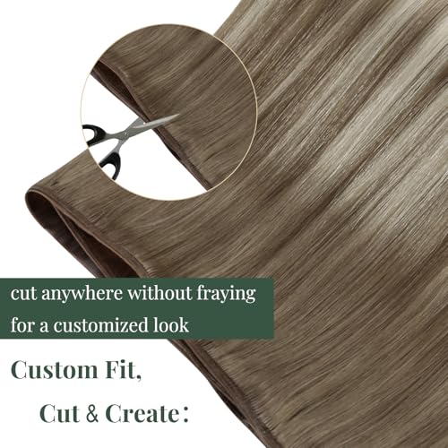 Image of Ugeat Butterfly Weft Human Hair Extensions Light Brown Balayage Hair Extension Butterfly Wefts Real Human Hair Light Brown with Platinum Blonde Ombre Double Side PU and Genius Wefts 16 Inch 80G