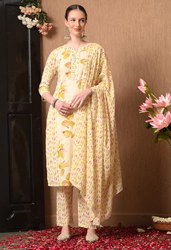 Image of Amazon Brand - Tavasya Women Cotton Anarkali Kurta Pant Dupatta Set | Printed Ethnic Suit Set | Flared Anarkali Kurta with Pant & Dupatta | Festive & Casual Wear