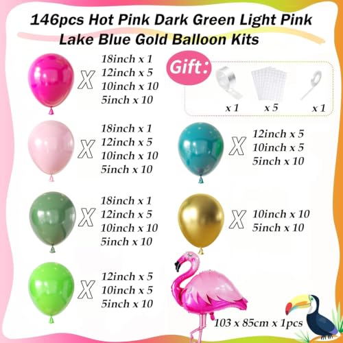 Image of 146Pcs Tropical Flamingo Balloon Arch Garland Kit, Hot Pink Dark Green Light Pink Lake Blue Gold with Flamingo Foil Balloons for Hawaiian Luau Aloha Summer Beach Birthday Party Decorations