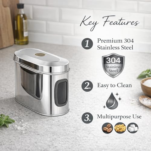 Image of Stainless Steel Capsule Food Canisters /Jars /Containers for Kitchen Storage with See Through Window - set of 1, 2350 ml capacity, 14 cm Diameter, Silver