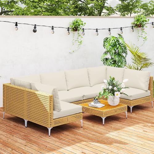 Outsunny 7 Piece Wicker Patio Furniture Set, Modular Outdoor Sectional with Thickened Cushions, Rattan Outdoor Furniture Conversation Set with Slatted Acacia Wood Table for Backyard - Image 10