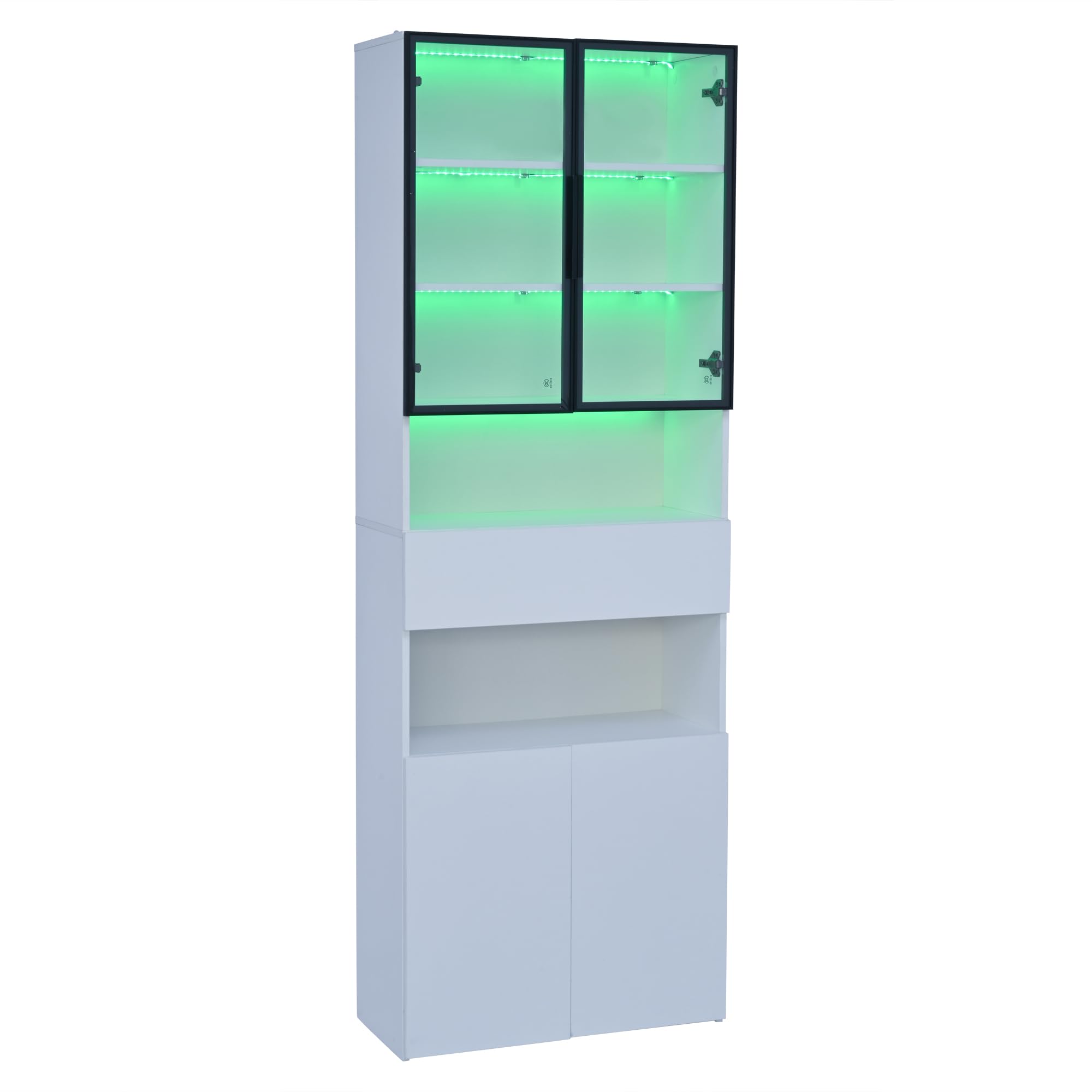 Lcoho Vitrina de 70 x 30 x 200 cm, con cajones y armarios, armario alto con plataforma de almacenamiento abierta, estantería para libros, vitrina de pie, color blanco