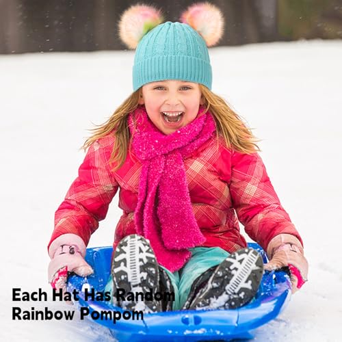 Girls Rainbow Pom Pom Beanies Hats Winter Knit Fleece Lined Beanie Hat for Kids Outdoor Snow Ski Skull Cap Age 7-122
