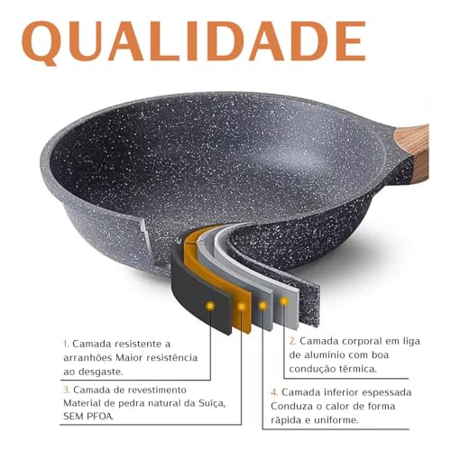 Frigideira Antiaderente Com Revestimento Cerâmico 26 cm Funda e Com Cabo Cor Madeira Ideal Para Frit