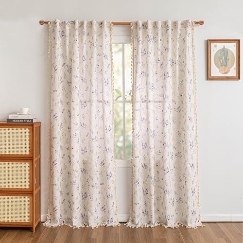 Image of MYSKY HOME Purple Floral Boho Linen Semi Sheer Curtains 84 Inches Long 2 Panels Spring Vintage Farmhouse Elegant Light Filtering Privacy Drapes with Tassel Back Tab for Living Room Bedroom, 50 inch Wide