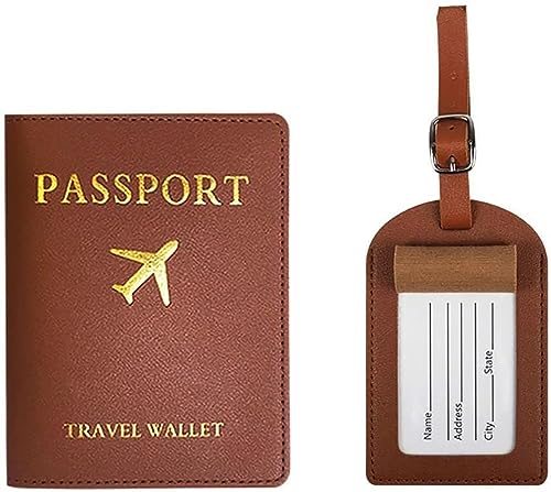 Image of House of Quirk Luggage Tag and Passport Protector Set, Plane Pouch Passport Suitcase Identification Leather Tag Luggage Tags for Children School Bag (Brown)