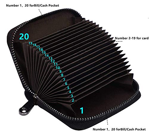 【Genuine Leather】RFID Blocking Wallet 20 Card Solts Credit Card Case Holder accordion style zipper wallet for men and women（black）3