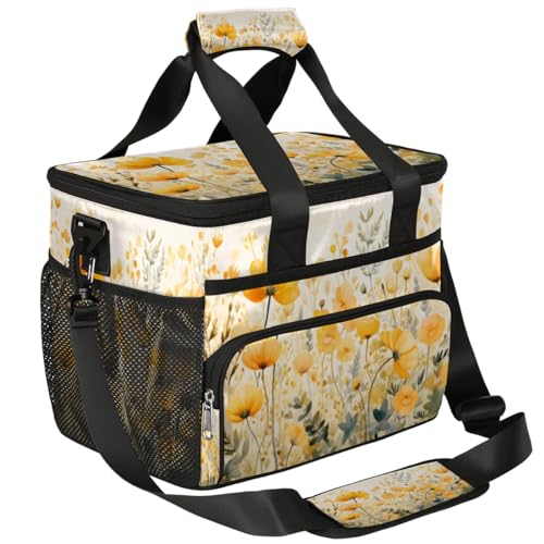 Floral Insulated Picnic Backpack Lunch Box for Women Men Picnic Basket Tote Lunch Bag Picnic Bag Portable Lunch Bags for Picnic, Beach, Work, Trip,Office, Camp Flowers Yellow