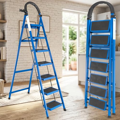 Image of Norman Jr Blue 7 Step Ladder for Home Use with Built-in Tool Tray | Heavy Duty D Shape Rods | Ultra Large Platform | Wide Rubber Feet | 150Kg Capacity Foldable Ladder - 7 Years Warranty