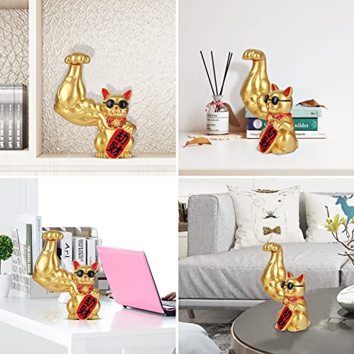 Estatua Gato de la Suerte Grande con Brazo Musculoso Dorado miniatura 2