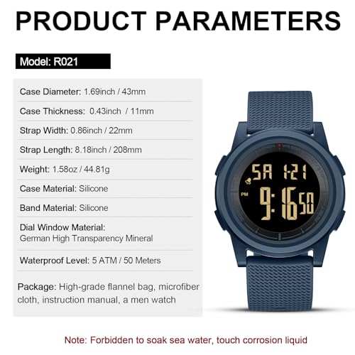 Image of HANPOSH Mens Digital Watch Ultra Thin Minimalist Sports Waterproof Outdoor LED Screen Large Face Wrist Watches for Men with Back Light Alarm Date Stopwatch