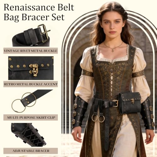 Image of Renaissance Belt Pouch Medieval Viking Leather Bracers Set for LARP