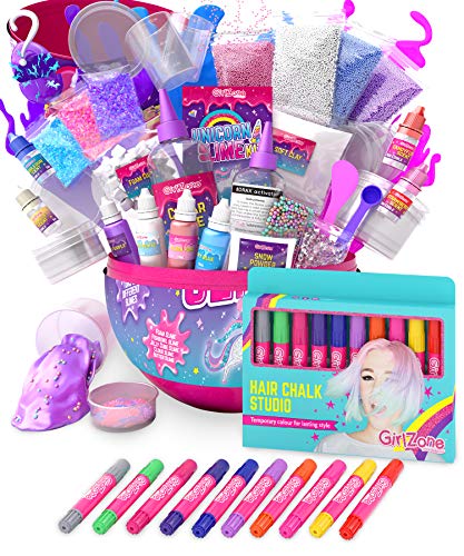 GirlZone Bundle Unicorn Egg Sparkly Surprise Slime Kit for Kids and Hair Chalk Set for Girls, 10 Piece Temporary Hair Chalks Color, Great Gift for Girls.