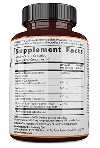 SaltWrap Organ Therapy - Grass Fed Beef Organ Meat Complex Supplement with Organic Bone Broth Concentrate (Beef Liver, Heart, Kidney and Bone Broth Capsules with BioPerine) Desiccated, 90 Capsules - Image 7