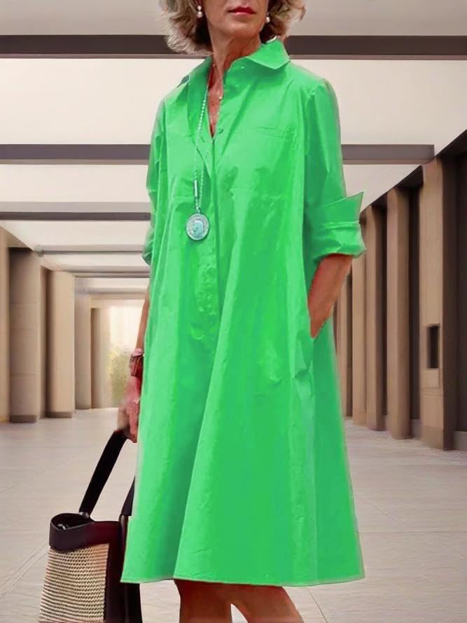 Womens 2025 Long Sleeve Button Down Shirt Summer Dress Casual V Neck Loose Fit Midi Shirt Dresses with Pockets - Image 3