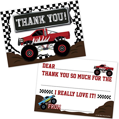 Old Blue Door Invites Monster Truck Fill in the Blank Thank You Cards for Kids (20 Count with Envelopes) - Boys Birthday Party Thanks