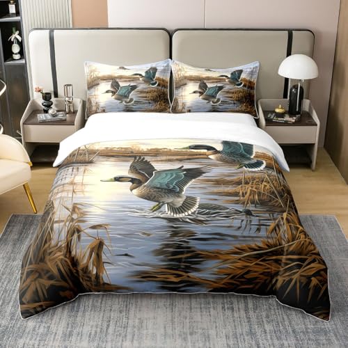 Pato Colvert Algodón Orgánico Funda de edredón 140x200,Tema de Caza Juego de Cama,Cubre Cama de Pájaro Lago Naturaleza Rural,Animal Salvaje Tema Caza Pato Volante Ropa de cama