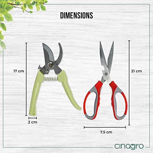 Image of Cinagro (Set of 2) Stainless Steel Gardening Tools, Pack of Pruning Shears /Hand Pruner /Cutter and Gardening Scissors, Sharp Blades for Easy Cutting, Comfortable and Durable (Multicolor)