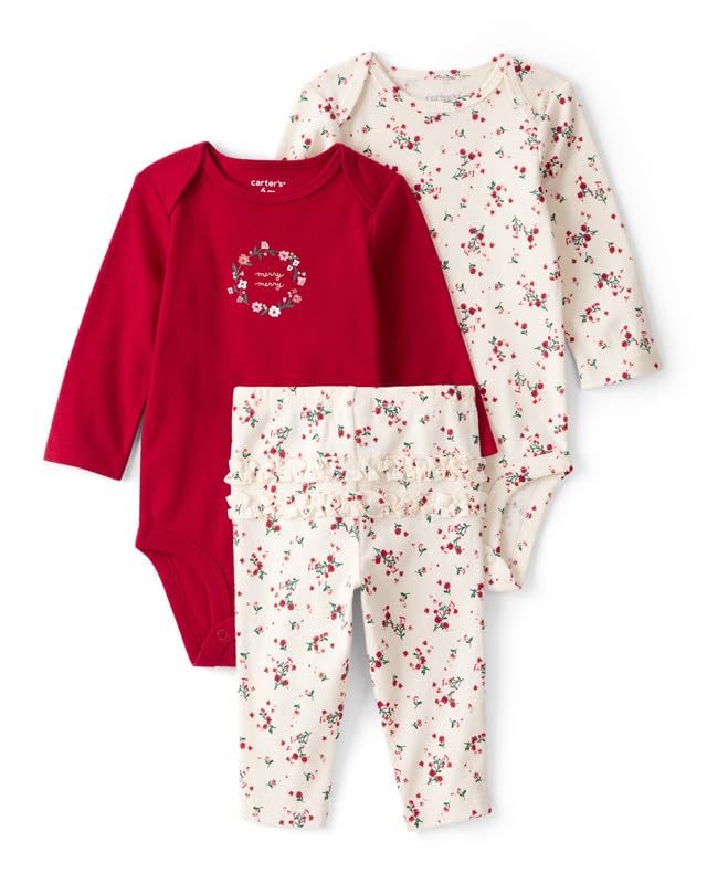 Baby Girl Floral Merry Cotton Bodysuits & Pant Set (Set of 3) | Soft Cotton Outfit Set | Cute & Comfortable Everyday Wear-image-0