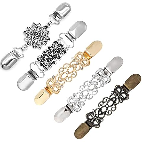 MJartoria 5PCS Tie Up Sweater Clip and Scarf Clip Set, Vintage Cinch Clip for Clothing, Shawl Clasps, Ladies Dress Chain Cardigan for Women Cover