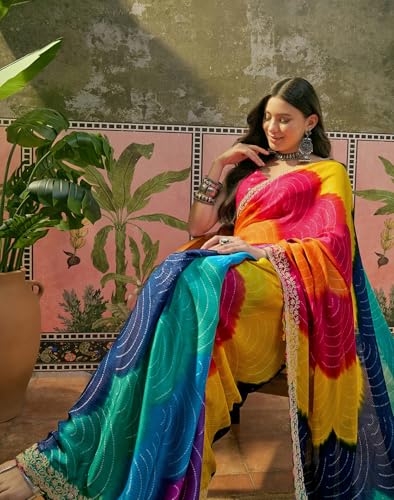 Image of SIRIL Women's Chiffon Scalloped Border Sequins Embroidery Saree with Unstitched Blouse Piece