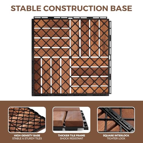 Image of 10pcs Interlocking Wood Deck Tile for Patio, 12 inchx12 inch Waterproof Solid Wood Patio Tiles (Square Joint, Walnut)