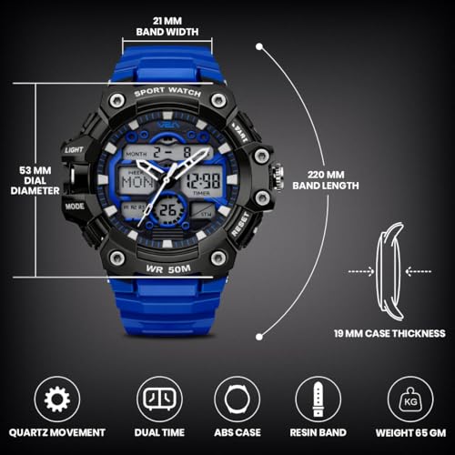 Image of V2A Stryke 53mm Analog Digital Sports Watch for Men | 3 Alarms & Countdown Timer | Layered Multi-Display Dial | Stopwatch, Dual Time, Day-Date | TPU Strap | 50M Water Resistant | Gift for Men