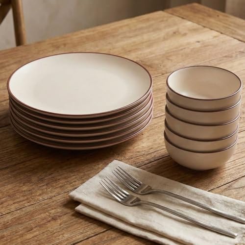Image of Freakway Handcrafted Ivory White Stoneware Pack of 12 Pieces Ceramic Dinner Set 6 | Crockery Set for Dining Table | Glossy Finish | 6 Dinner Plates & 6 Bowl /katori | Microwave & Dishwasher Safe