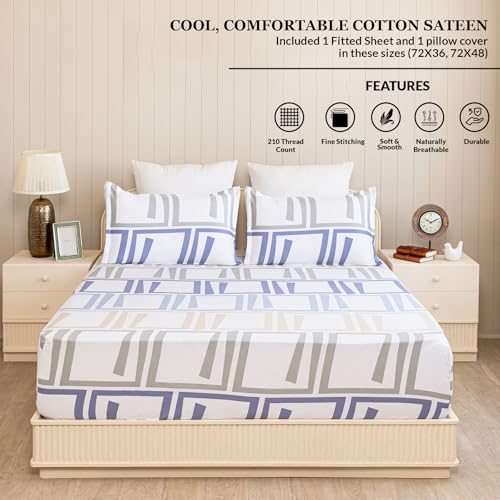 Image of HOMEMONDE 100% Cotton Fitted Bed Sheet for Single Bed | Modern Maze Printed All Around Elastic Bedsheet (72 x 36 Inch) with 1 Pillow Cover | Perfect for Home Decor & Gifting