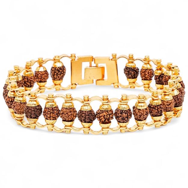 Mahadev Gold Plated Rudraksha Bracelet for Men and Women | 5 Mukhi Rudraksha | Rudraksha Bracelet for Meditation and Yoga | Available in Different Sizes (8.5 Inches, Regular)