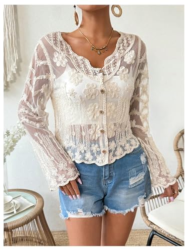 OYOANGLE Women's Plus Size Floral Appliques Long Sleeve Button Front Sheer Cardigan Lightweight See Through Outerwear2