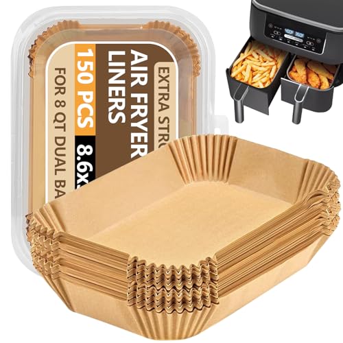 UBeesize Air Fryer Paper Liners Disposable For Ninja, 150 PCS Non Stick Parchment Paper For Ninja DZ201/DZ401 Dual, Oil Proof, Water Proof Food Grade Air Fryer Accessoriess(Rectangle - 8.5