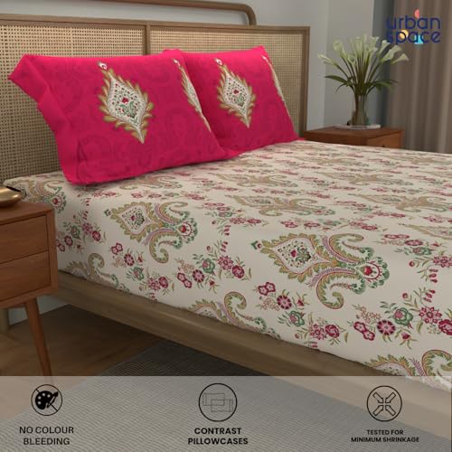 Image of Urban Space - Divine Collection 100% Cotton Double Bedsheet with 2 Pillow Covers, Bedsheet - 90 inch x 100 inch, Motif Red