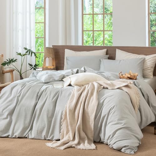 Image of MooMee Striped Duvet Cover Set 100% Washed Cotton Linen Like Cal King | Relaxed Linen-like Texture. Soft, Breathable & Long-lasting Comfort. Lightweight. Hidden Zipper with 8 Interior Corner Ties